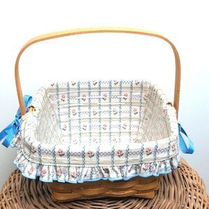 Longaberger Handwoven Square Handle Basket with Country Blue Floral Fabric Liner